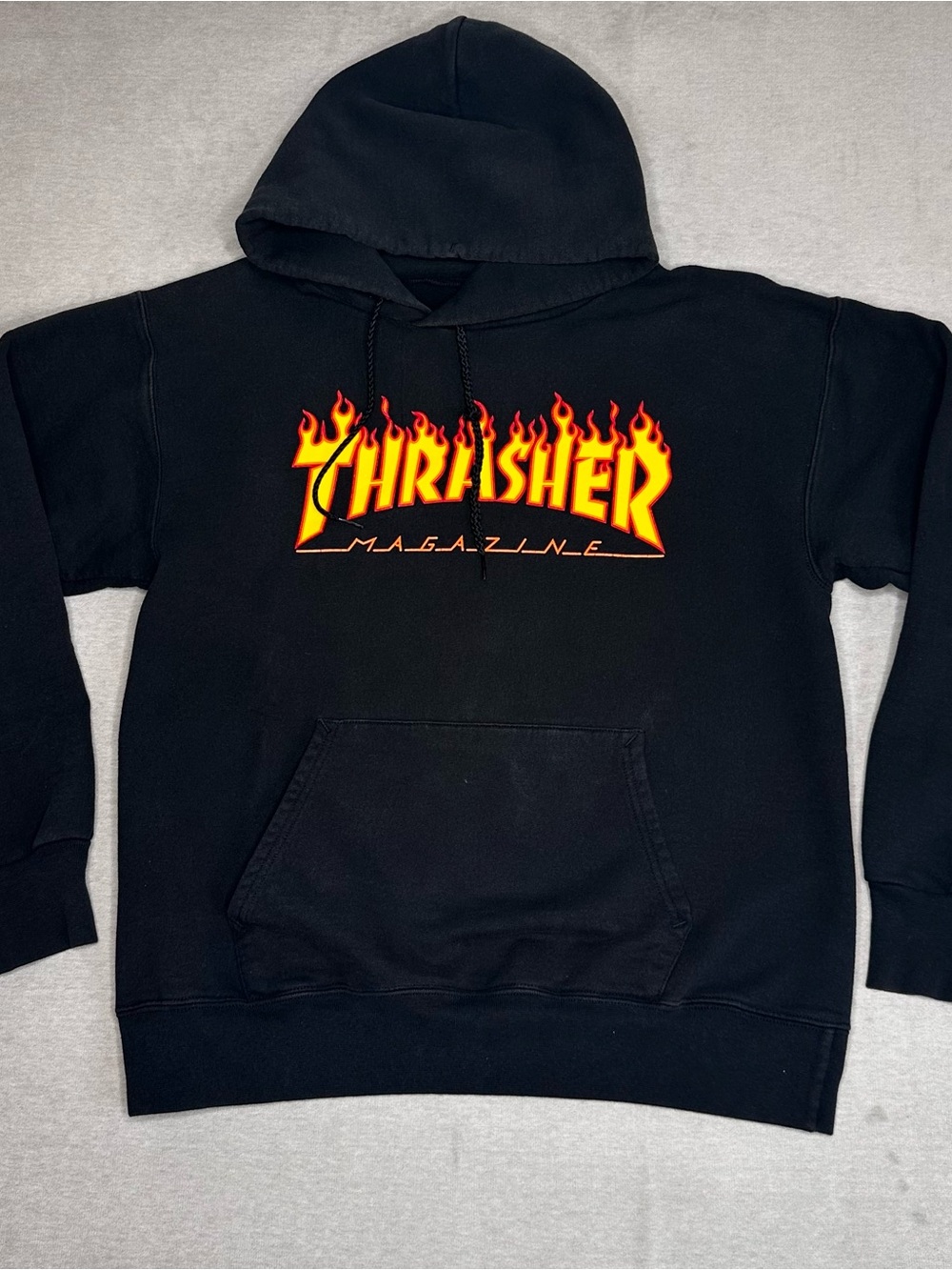 Thrasher Black Hoodie with Yellow and Red Flame Logo